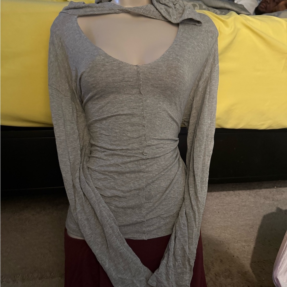 Gray Fitted Ruched Long Sleeve Blouse